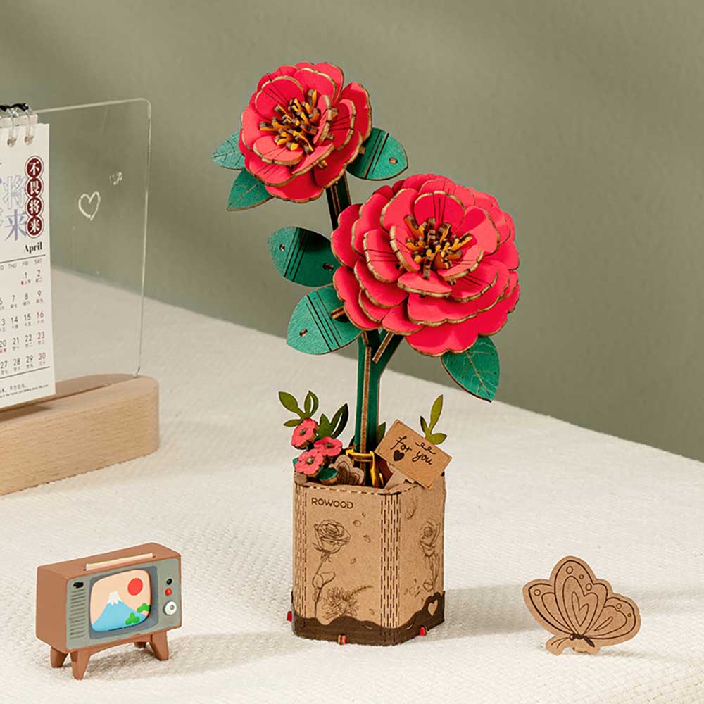 Red Camellia 3D Wood Puzzle Kit