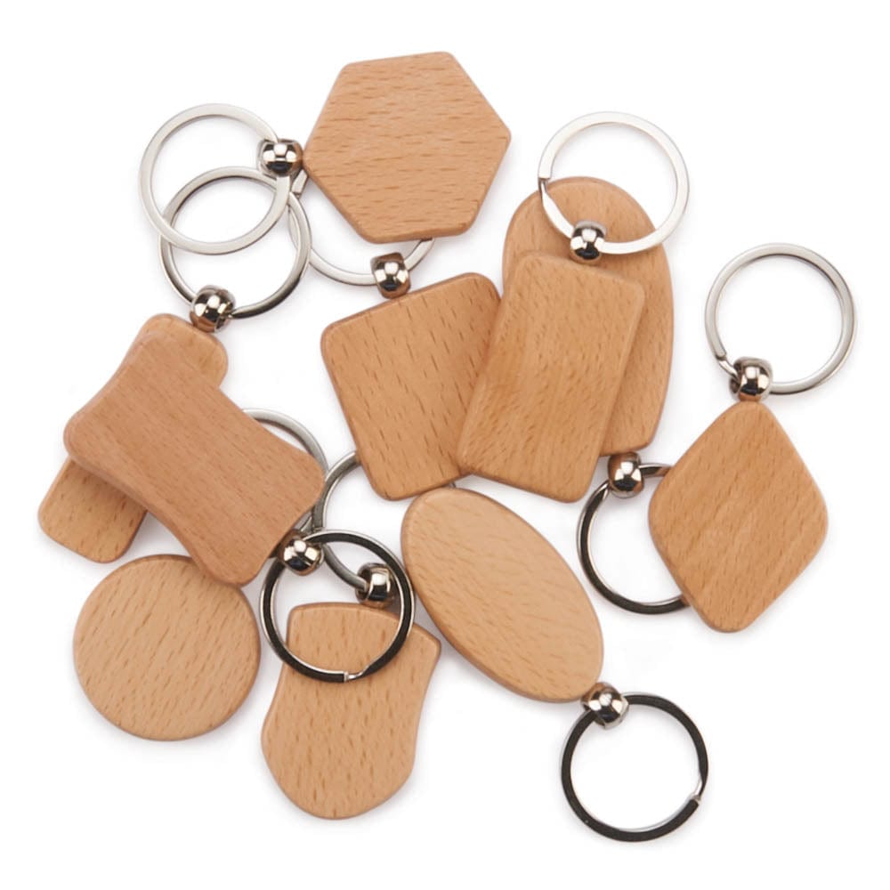 Engravable Mixed Shape Wooden Key Chains - 10 Piece