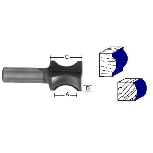 1476 Oval Edge (Half Bull Nose) Router Bit 3/4" A X 3/16" B X 1-1/4" CL 1" D alt 0