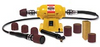 Yellow pneumatic sanding system with multiple sanding drum attachments and sleeves for woodworking surfaces
