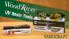 WoodRiver UV pen flashlight and polarized safety glasses for curing resin on wooden workbench