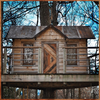 Treehouse elevated on wooden platform with reclaimed wood siding and corrugated metal roof