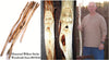 Set of uncarved diamond willow sticks, close-up of two carved walking sticks with faces, and man holding a carved walking