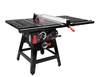 SawStop table saw with riving knife, fence, and miter gauge on metal stand