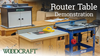 Workshop with two router tables set up, featuring fences, dust collection, and router bits installed