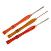 Three burnishing tools with wooden handles in orange, yellow, and red for smoothing wood edges