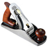 Polished metal hand plane with wooden handle and knob for smoothing wood surfaces