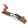Metal-bodied hand plane with wooden handles for smoothing wood surfaces