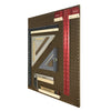 Pegboard with various woodworking squares and rulers organized for easy access in workshop setting