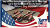 Collection of patriotic-themed turned pens with American flag designs displayed on fabric background with text promoting