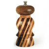Hand-turned wooden pepper mill with alternating dark and light wood stripes and metal knob top