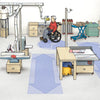Accessible woodworking workshop layout showing tools and clear wheelchair paths