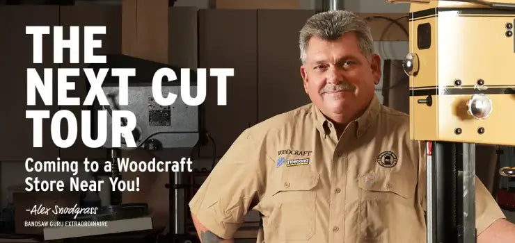 Man in a Woodcraft uniform standing next to a wood cutting machine with promotional text for 'The Next Cut Tour'.