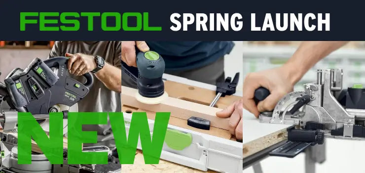 Festool spring launch advertisement with tools and 'NEW' text.