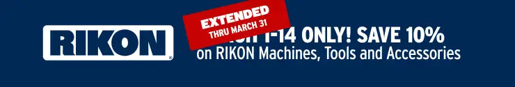 Promotional banner for Rikon with a discount offer on machines, tools, and accessories.
