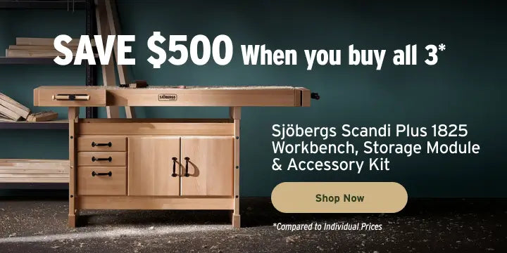 Wooden workbench with storage module and accessory kit, promotional text on a dark background