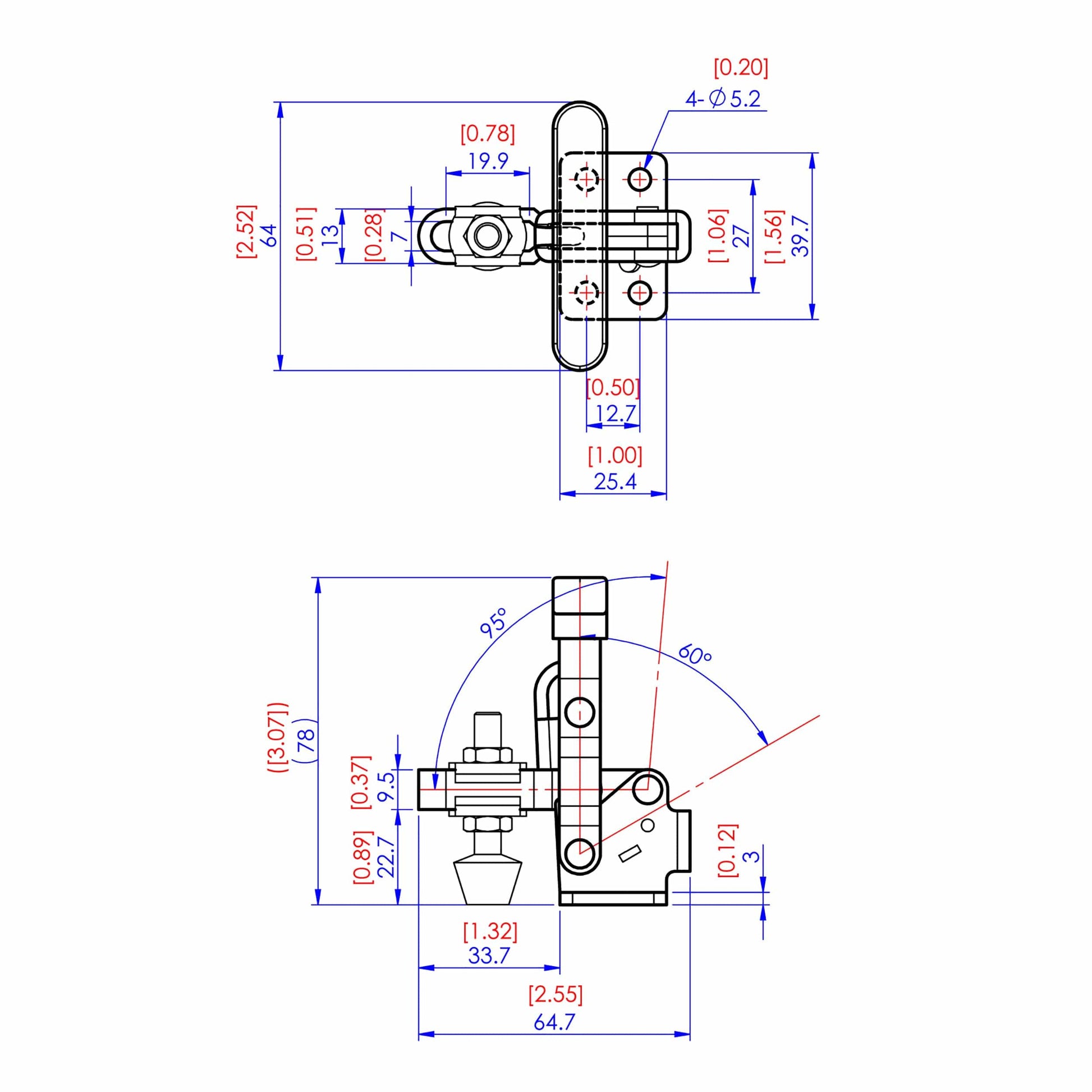 Vertical T Handle Toggle Clamp - 1-5/16" x 1/8" - 200 lb Capacity alt 0