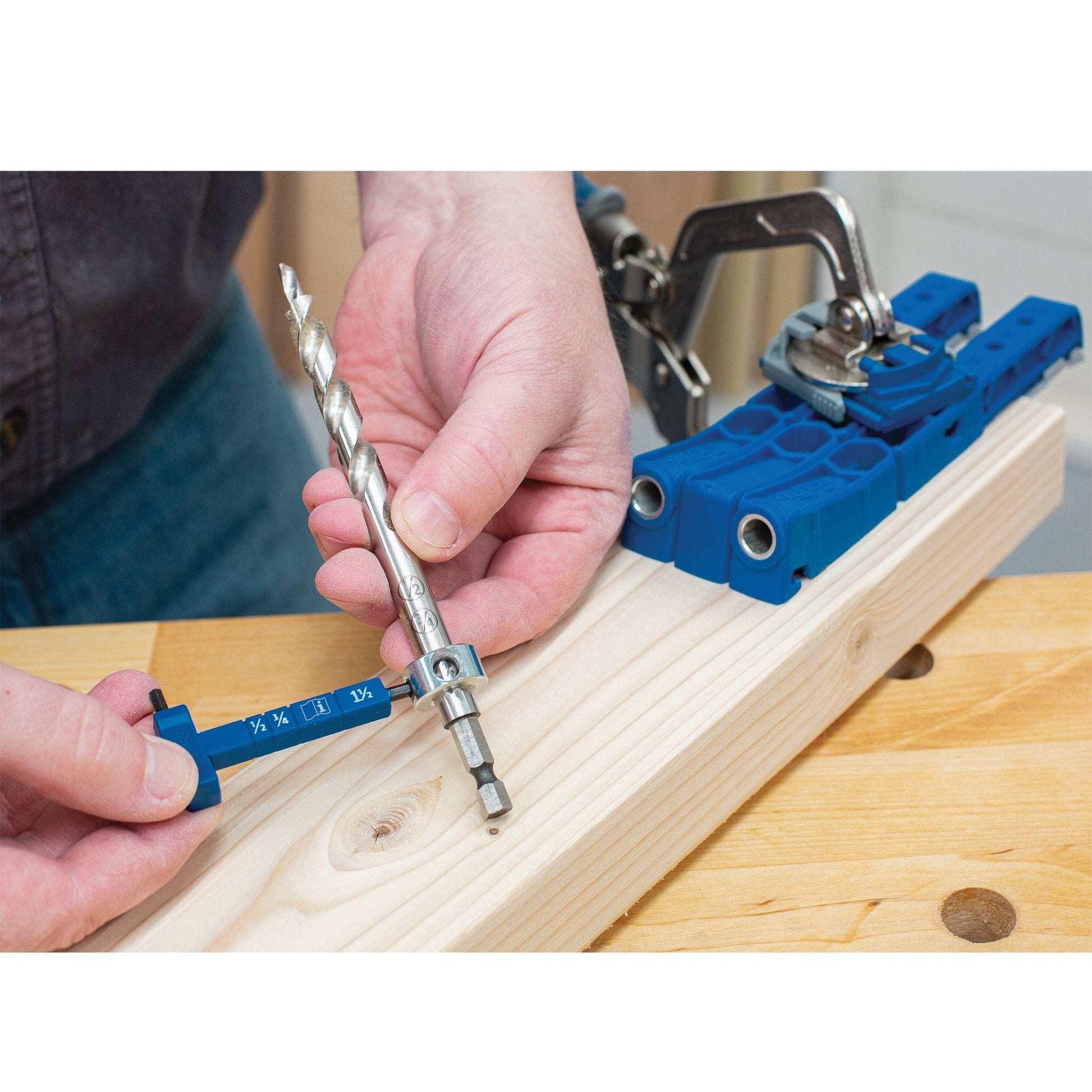 Easy-Set Pocket-Hole Drill Bit With Stop Collar And Hex Gauge alt 0