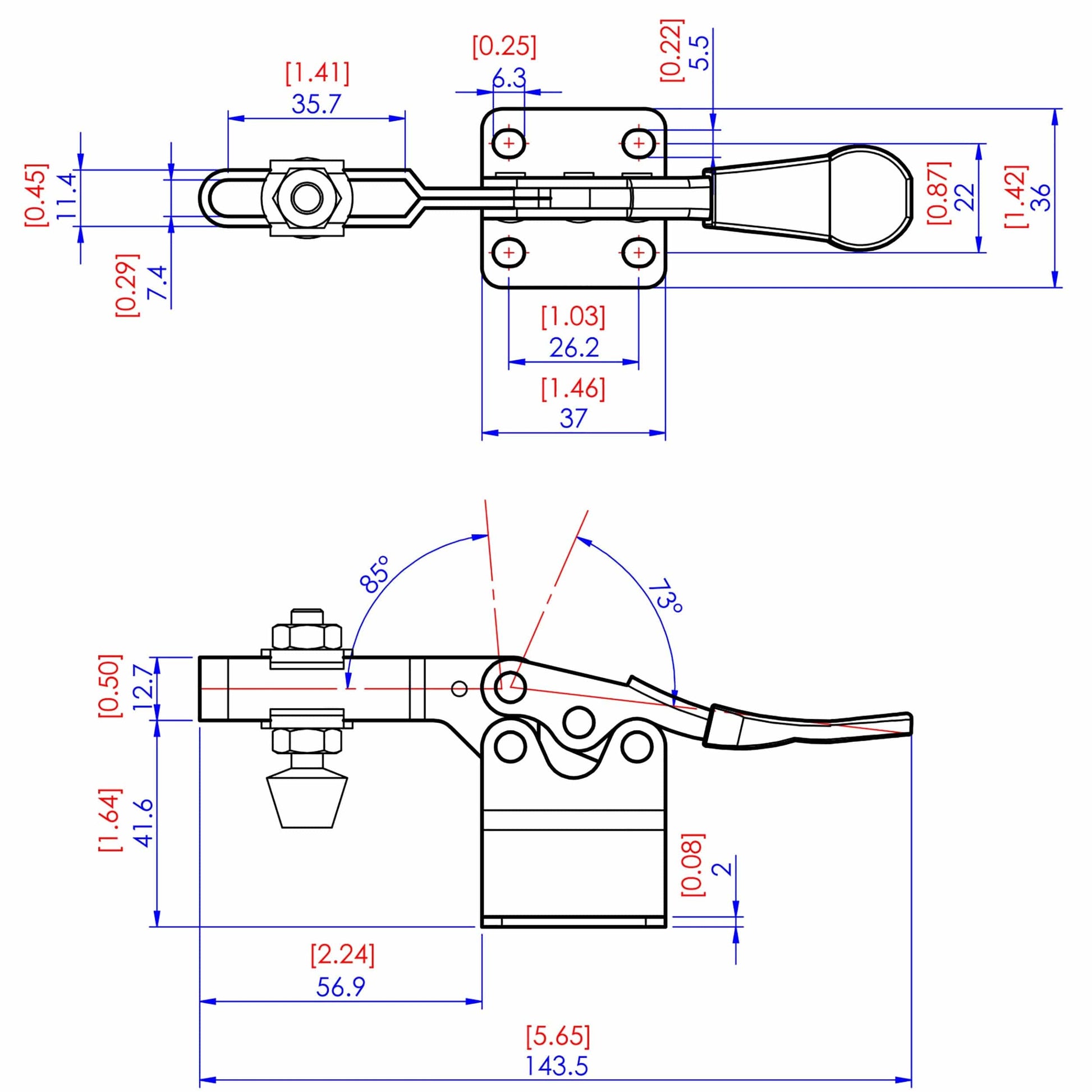 High Base Toggle Clamp - 2-1/4" x 7/8" - 200 lb Capacity alt 0