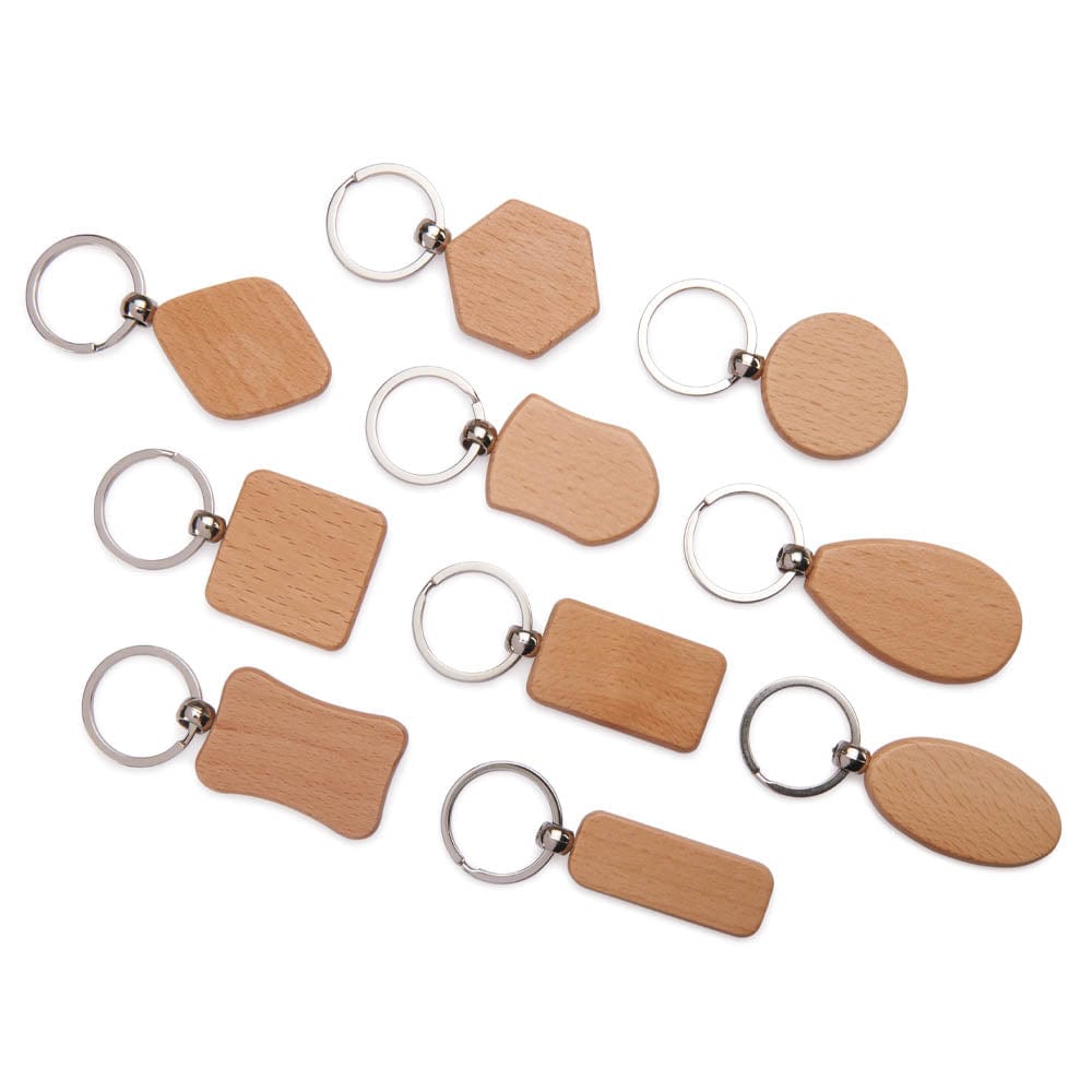 Engravable Mixed Shape Wooden Key Chains - 10 Piece