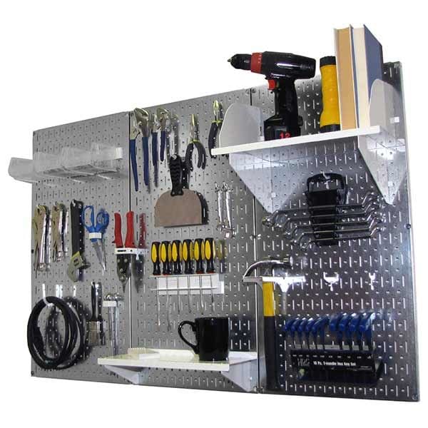 4' Metal Pegboard Standard Tool Storage Kit - Galvanized Metallic Toolboard & White Accessories alt 0