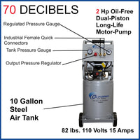 2HP 10 Gallon Oil-Free Steel Tank Air Compressor alt 0