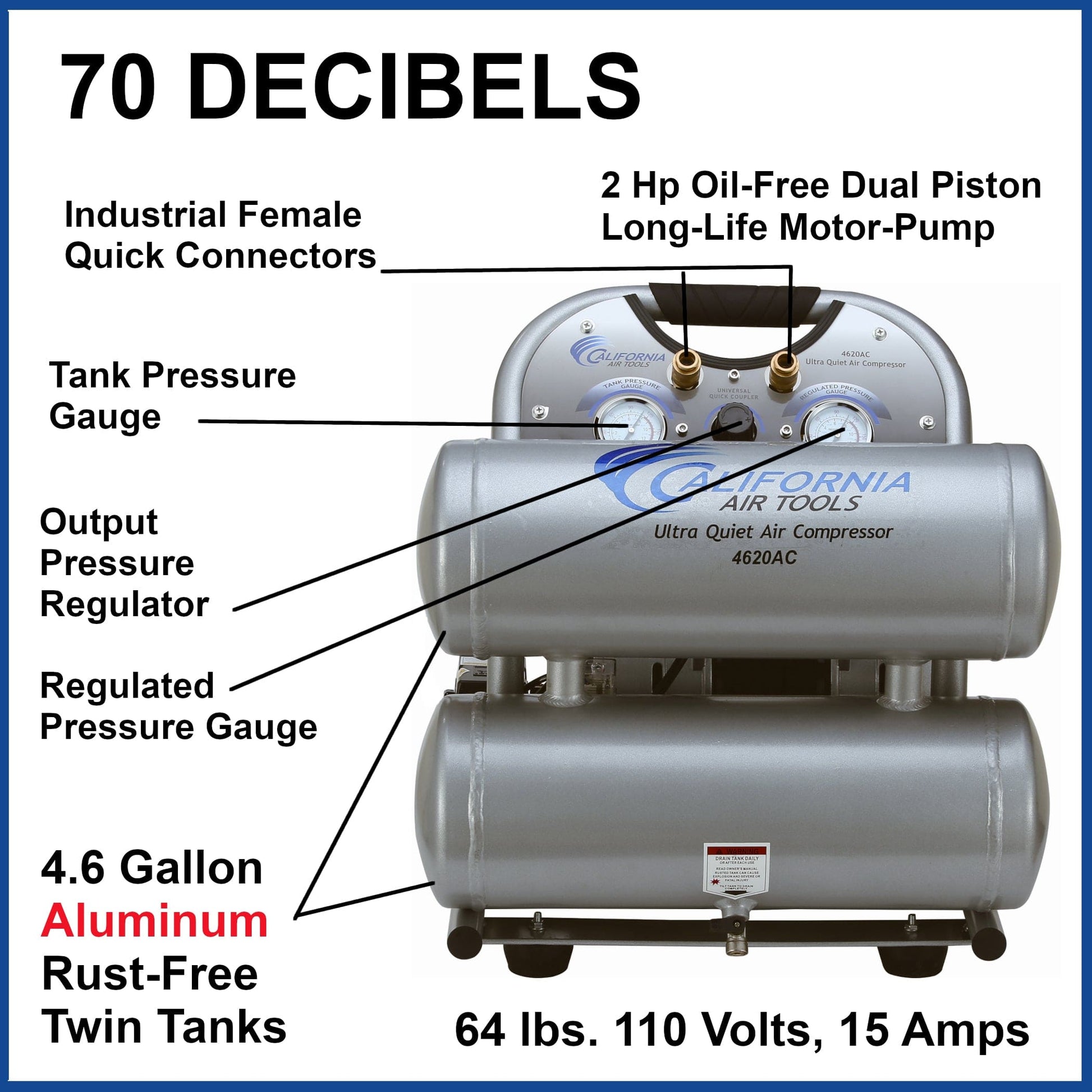 2HP 4.6 Gallon Oil-Free Twin Aluminum Tank Air Compressor alt 0