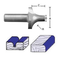 2056 Plunge Roundover Router Bit 1/2" SH X 1/4" R X 3/4" A X 1/4" B 3/8" C 2" OL alt 0